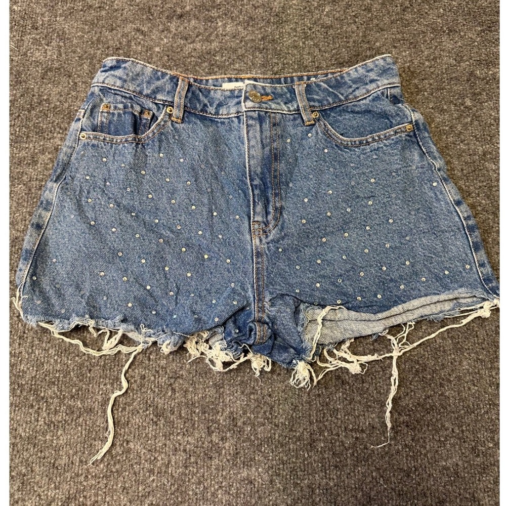 Don't Call Me Jennyfer Denim Shorts Womens Size 26 Blue Rhinestone Frayed Hem